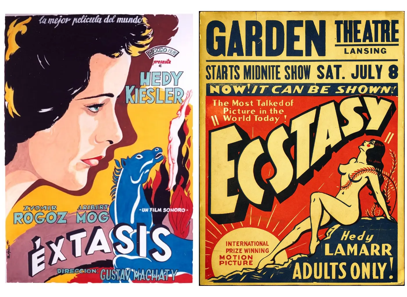 ‘Ecstasy’: Film koji je 1933. promijenio granice onoga što je kino smjelo prikazati's profile with bold colors and the title Extasis; right is a yellow-and-red Ecstasy poster with a reclining nude woman and bold typography for adults-only cinema.