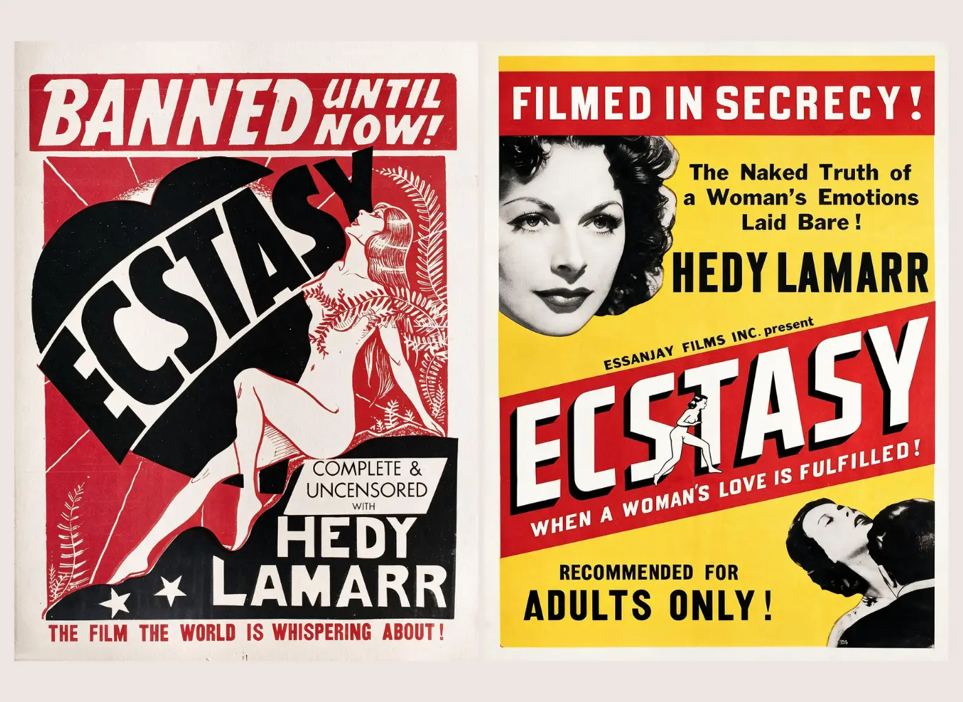 ‘Ecstasy’: Film koji je 1933. promijenio granice onoga što je kino smjelo prikazati'Ecstasy' promo with 'Banned Until Now!', the other yellow/red 'ECSTASY' with a woman's portrait and bold text.