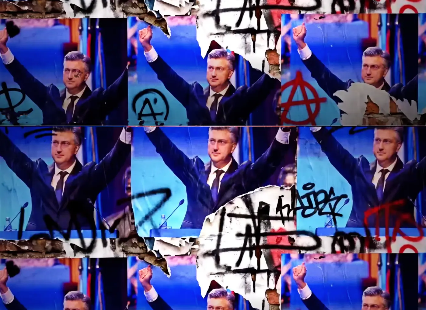 Man in a suit raising both arms, shown in a collage of repeated images, overlaid with graffiti and torn-paper textures.