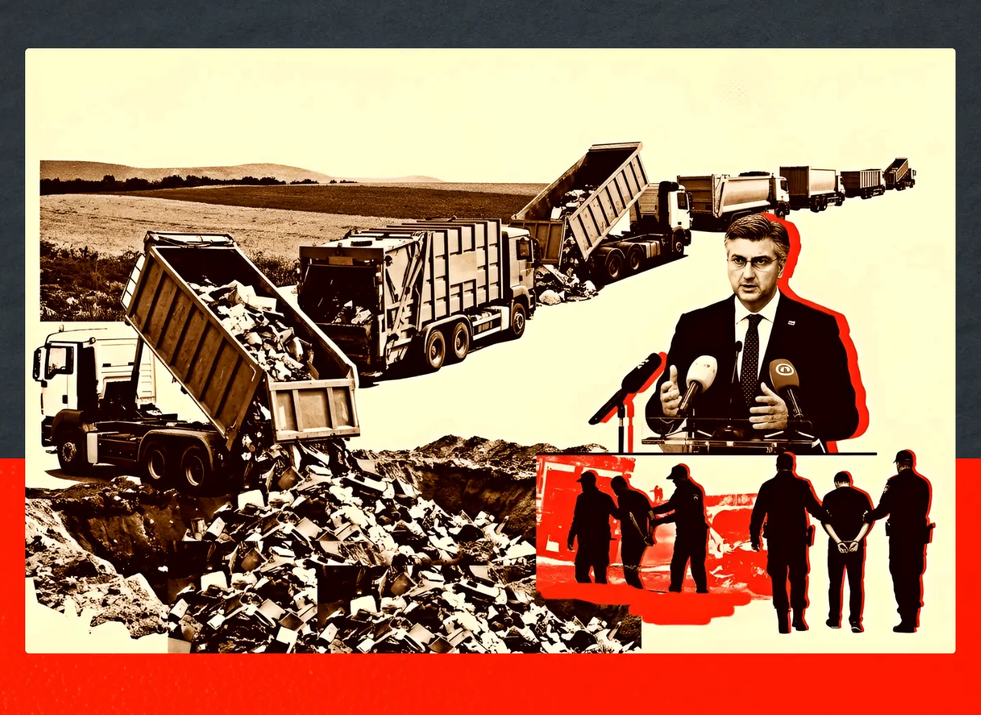 Collage showing dump trucks dumping rubble, a suited man speaking at a podium with microphones, and red-tinted silhouettes of protesters in the foreground.