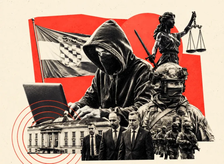 Political collage depicting cybersecurity, military, and justice symbols: hacker at a laptop, soldiers, Lady Justice, and a government building.