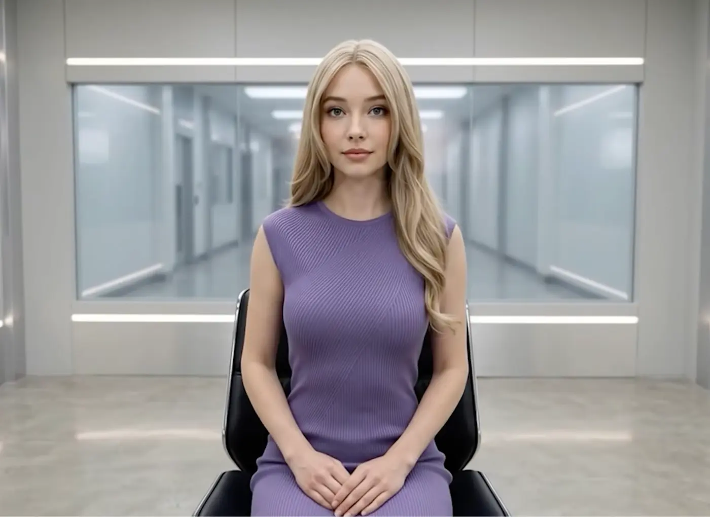 Woman with long blonde hair in a purple sleeveless dress sits in a bright, modern hallway with glass walls, facing the camera.