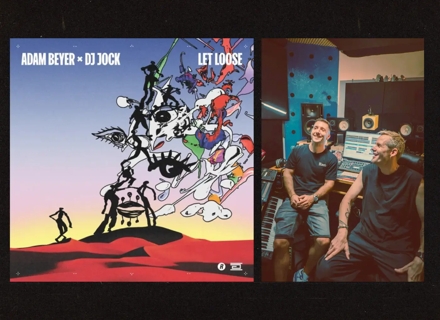 Album cover with a chaotic sketch sculpture set against a pastel sunset gradient, featuring the text 'ADAM BEYER x DJ JOCK LET LOOSE' at the top left and bottom right logos nearby.