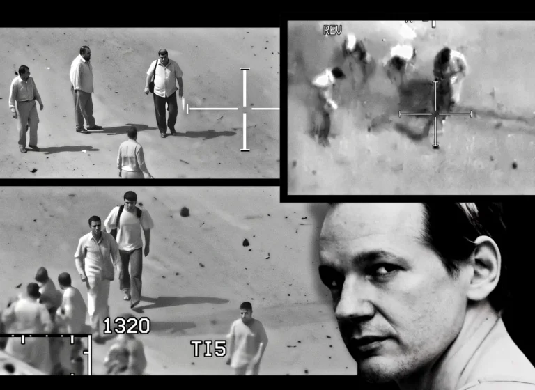 Black-and-white collage of surveillance frames: men walking on a sandy area with crosshair overlays, plus a large close-up portrait on the right; numeric overlays on the sand.