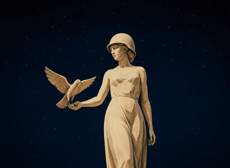 Statue of a helmeted woman in a flowing dress, holding a dove in her outstretched hand against a starry night sky.