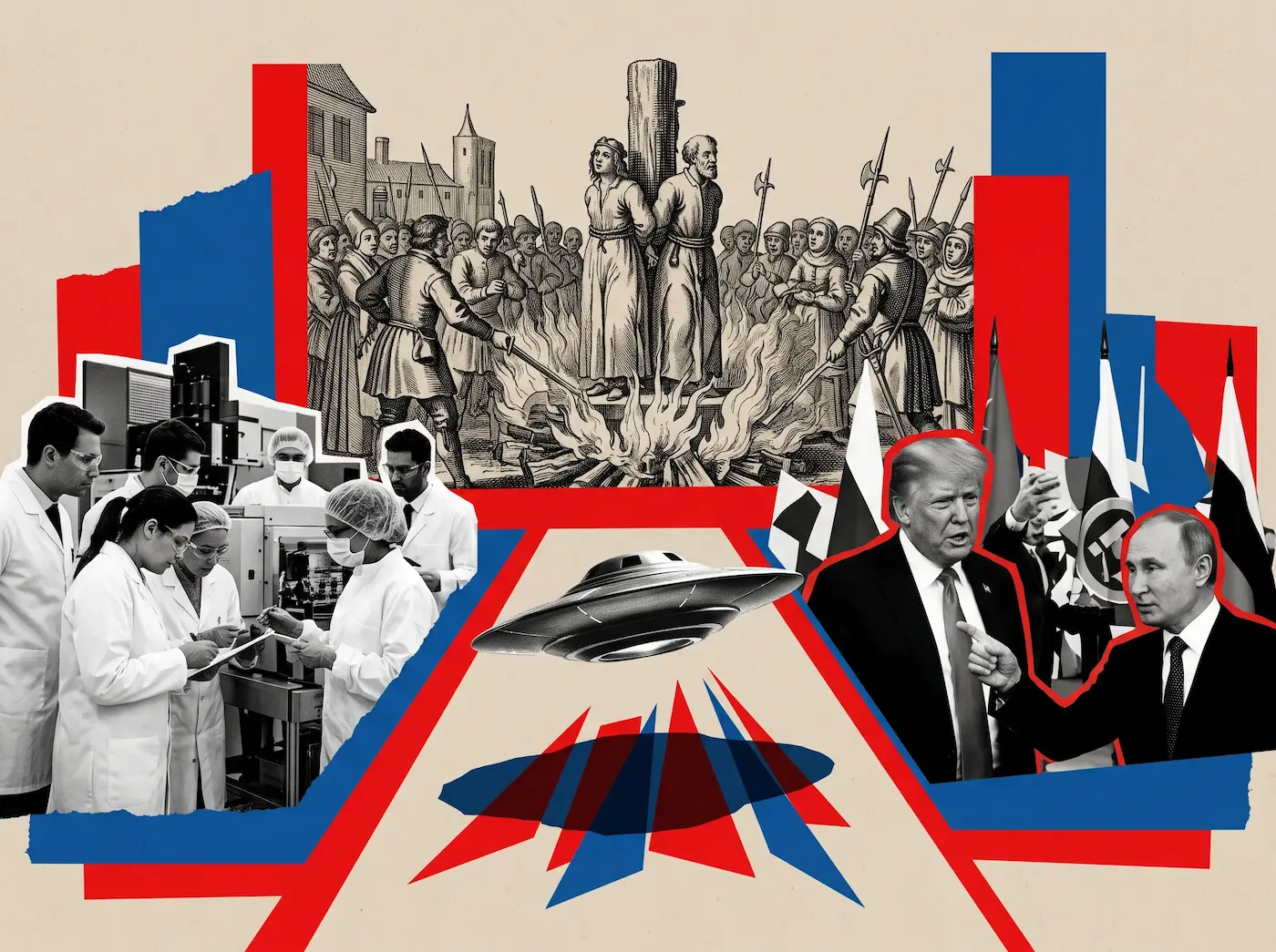 Collage of scientists working in a lab, a UFO, two world leaders, and red-blue geometric shapes.