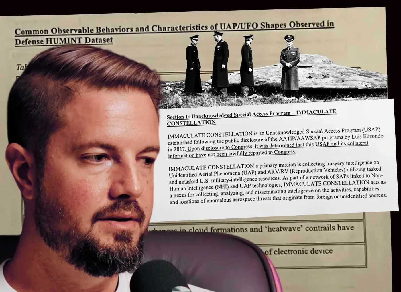 Close-up of a man speaking into a microphone with a collage of documents about UAP/UFO programs in the background.