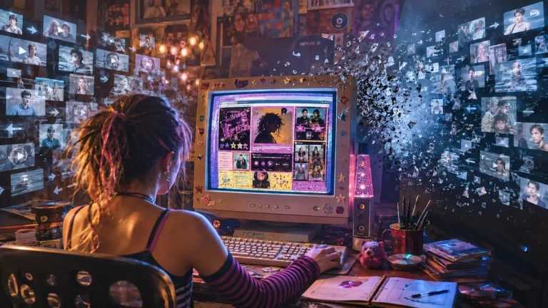 Person with colorful braids editing video on a retro computer, surrounded by floating video thumbnails.",