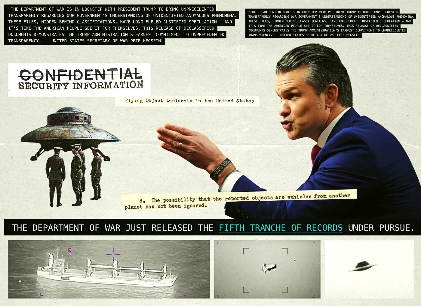 Collage about government secrecy on UFOs: a man in a blue suit gestures on the right, while a vintage UFO image with soldiers and 'CONFIDENTIAL SECURITY INFORMATION' text appears on the left; a black banner at the bottom proclaims declassified records.