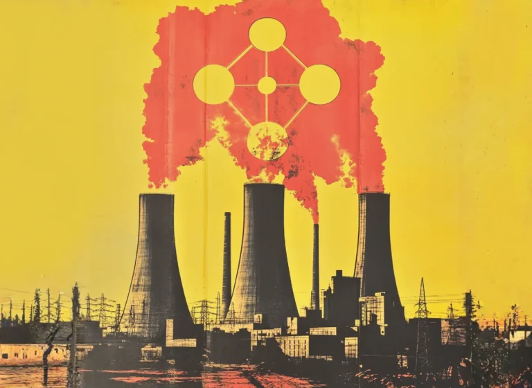 Factory smokestacks emit red smoke beneath a yellow abstract network of circles connected by lines (industrial art).]
