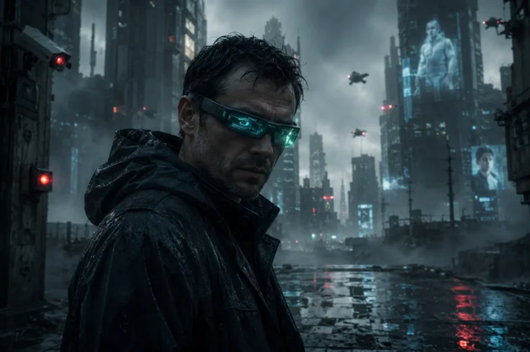 Man in a rain-soaked jacket wearing glowing teal visor, in a dystopian neon cityscape with tall buildings and drones overhead