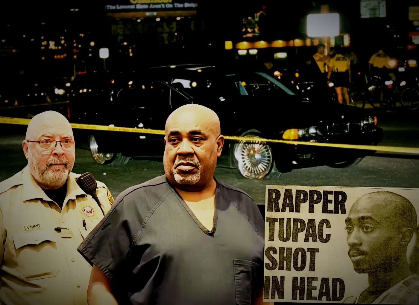 Two men stand in front of a crime scene: a beige police deputy and a jailed man, with a car and police tape in the background and a newspaper headline about Tupac Shakur to the right.