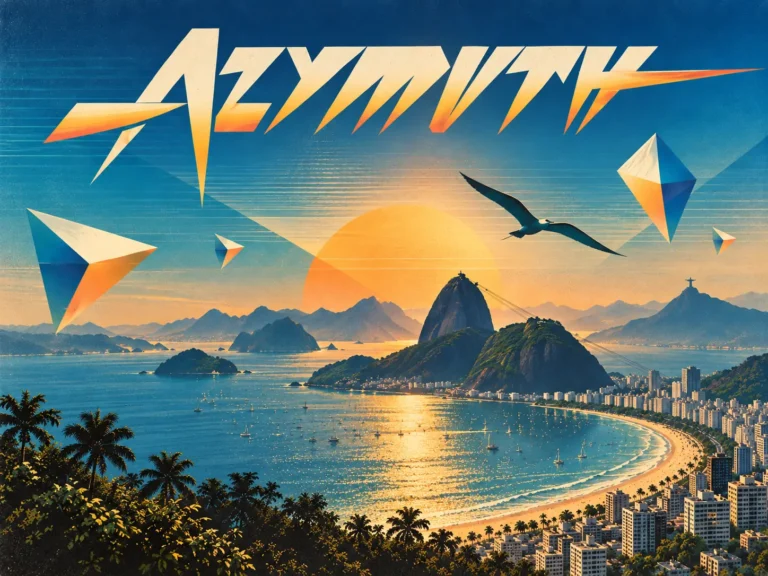 Vibrant travel poster of Rio de Janeiro at sunset with Sugarloaf Mountain, Guanabara Bay, palm trees, and bold orange‑blue geometric shapes in the sky.