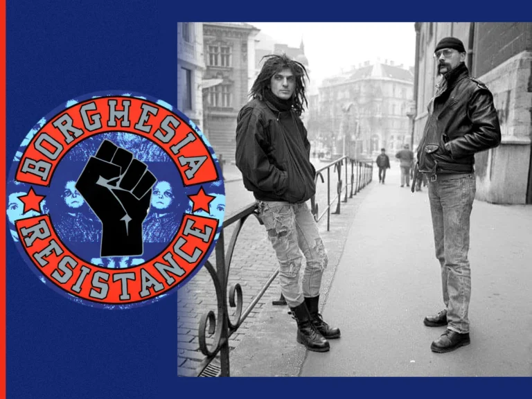 Activist collage showing the 'BORGHESTIA RESISTANCE' emblem with a raised fist, beside a black-and-white street photo of a man and a woman on a city sidewalk.
