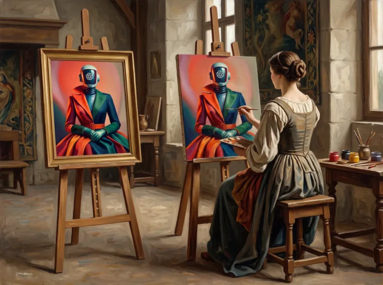 Woman painter in a medieval-inspired studio working on a vibrant portrait of a robot on an easel behind her.