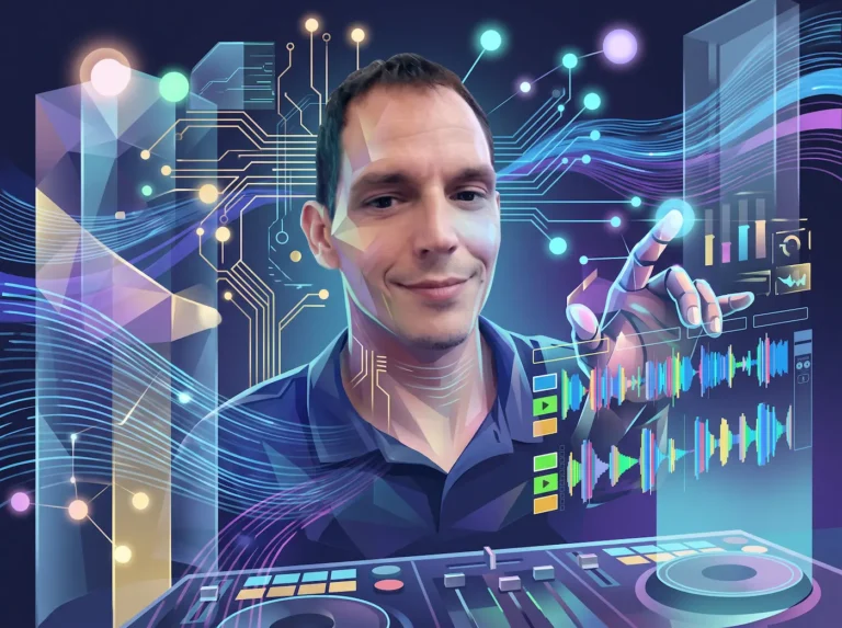 Man interacting with a futuristic holographic control panel and colorful data visualizations in a dark, tech-filled environment.