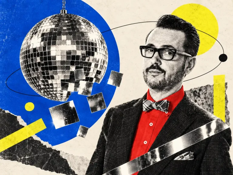 Man in a blazer, red shirt and bow tie, stands beside a large disco ball in a bold abstract collage background.
