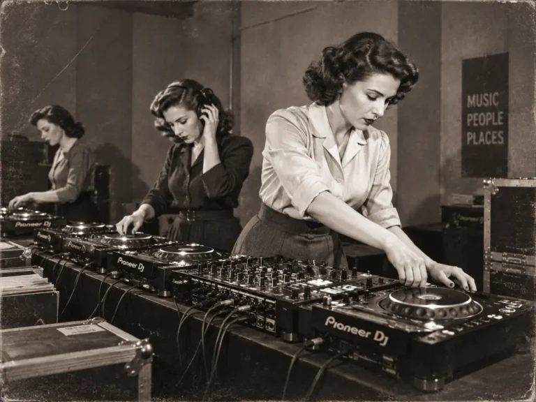 Three women DJs in vintage clothing operate turntables and a mixer at a club-like booth; a sign on the wall reads 'Music People Places.'