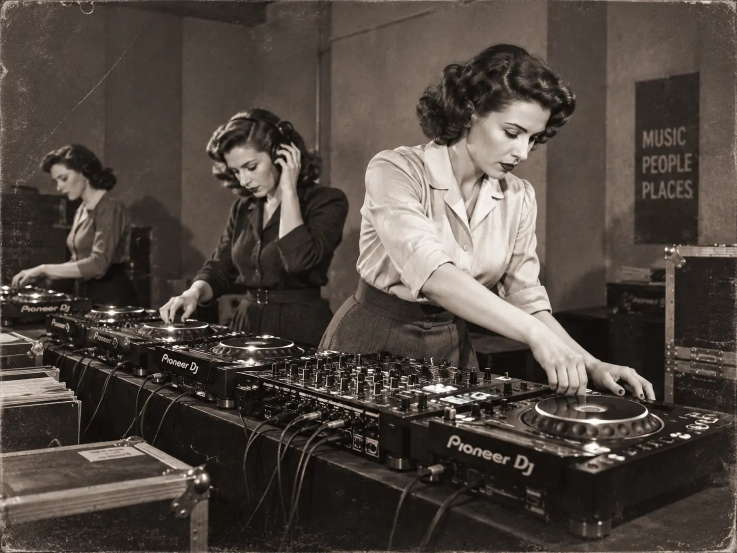 Three women DJs in vintage clothing operate turntables and a mixer at a club-like booth; a sign on the wall reads 'Music People Places.'