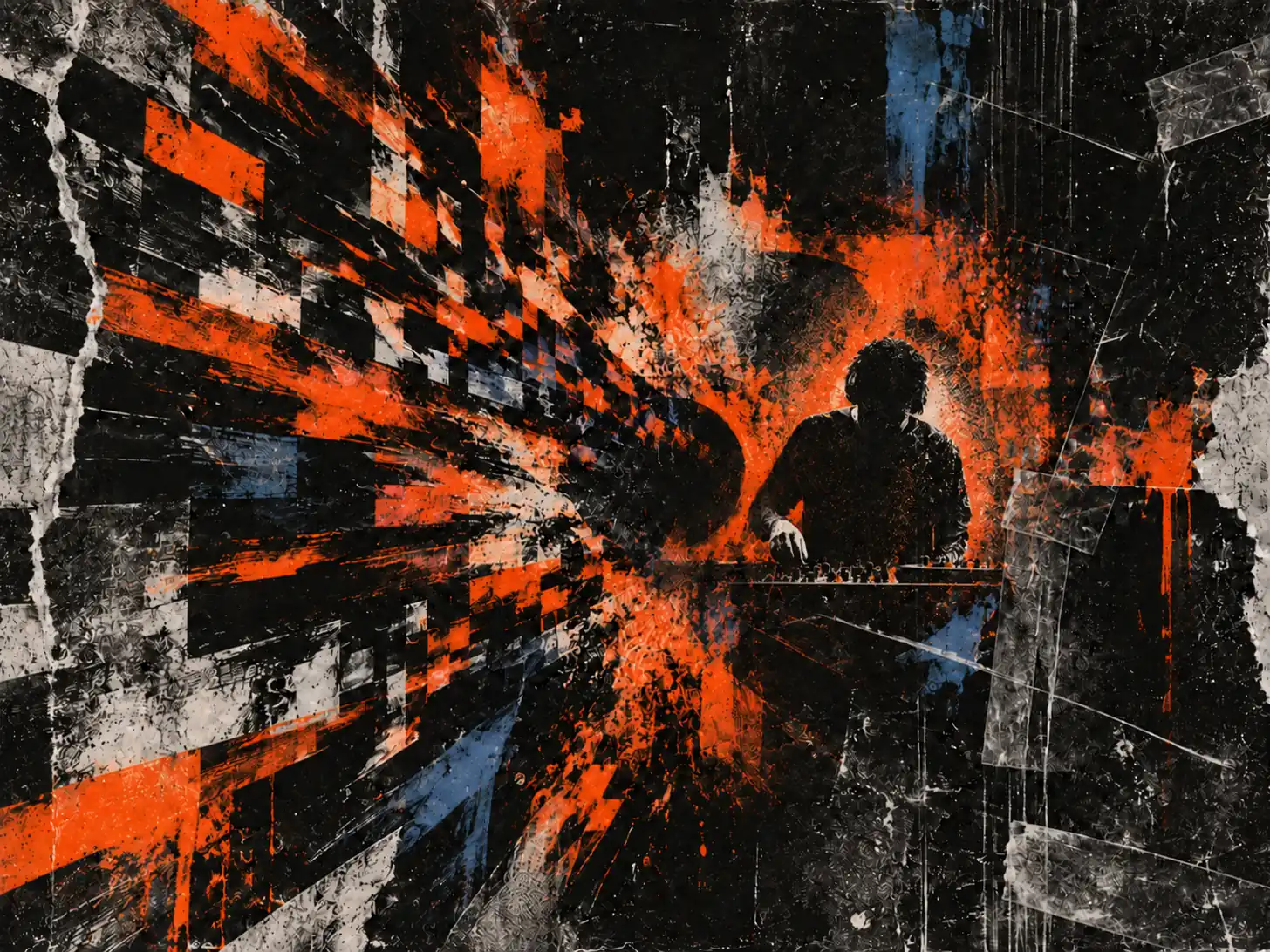 Silhouette of a person playing a keyboard against an abstract orange-and-black splash background.
