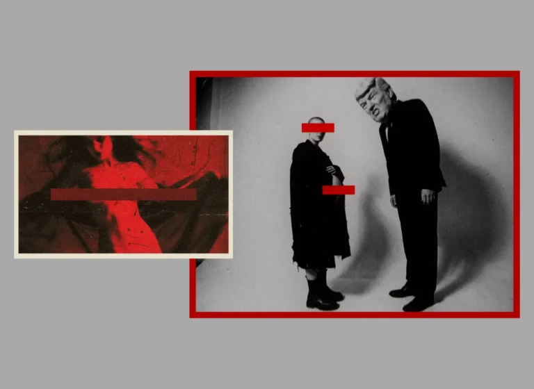 Collage artwork: two monochrome photos with red bars obscuring faces, layered on a gray background.