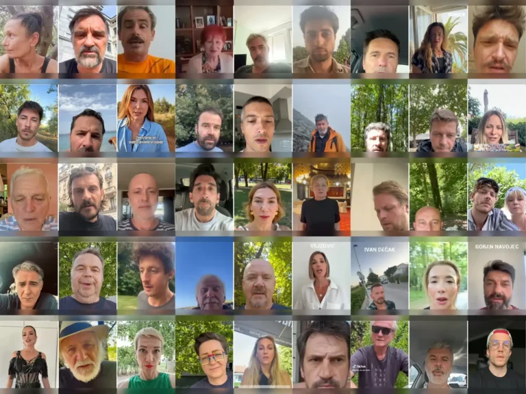 Mosaic of many people in a video conference, each in a small tile with varied backgrounds.