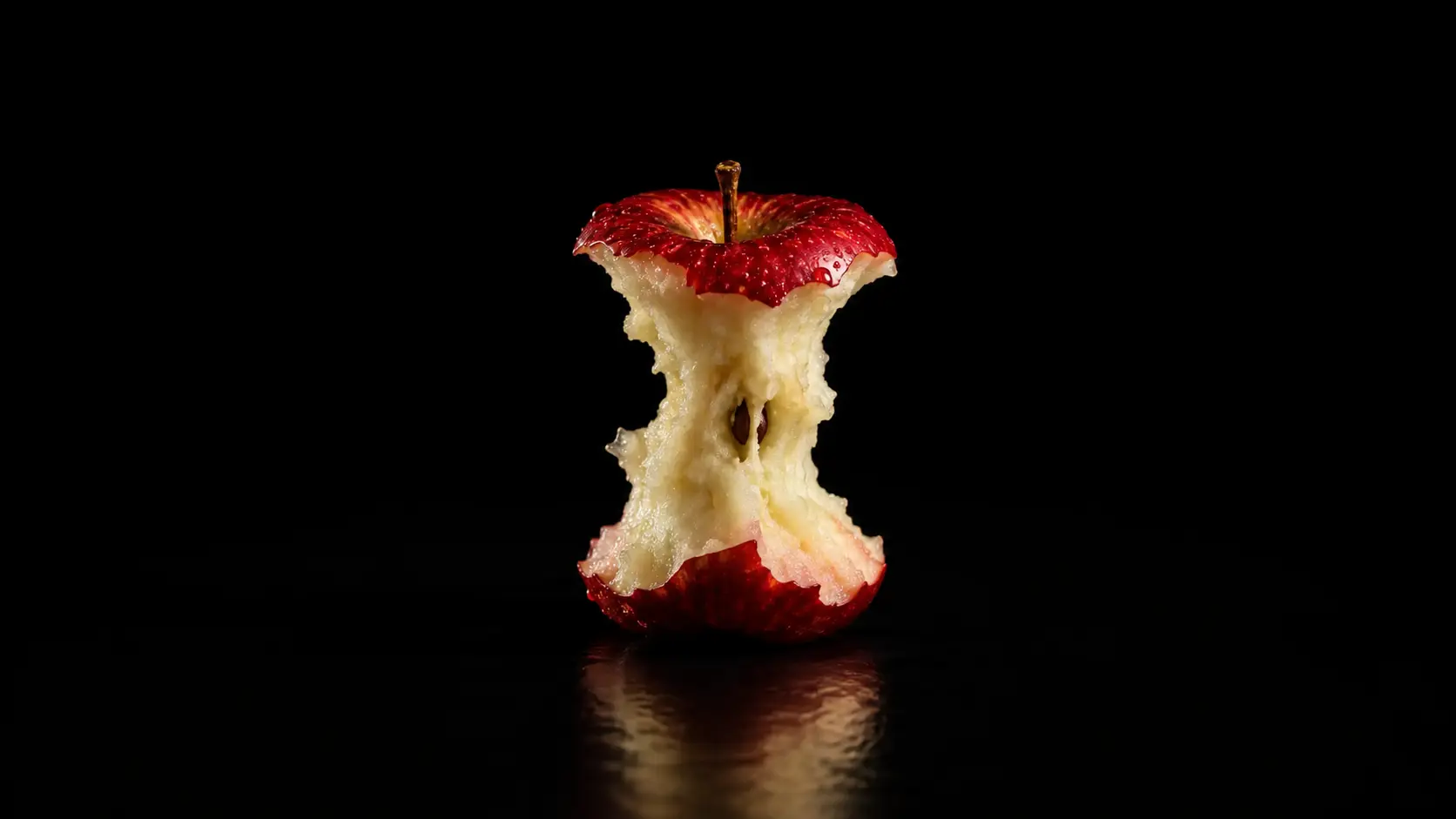 Red apple bitten and sculpted into a vertical hollow form, standing on a black reflective surface.