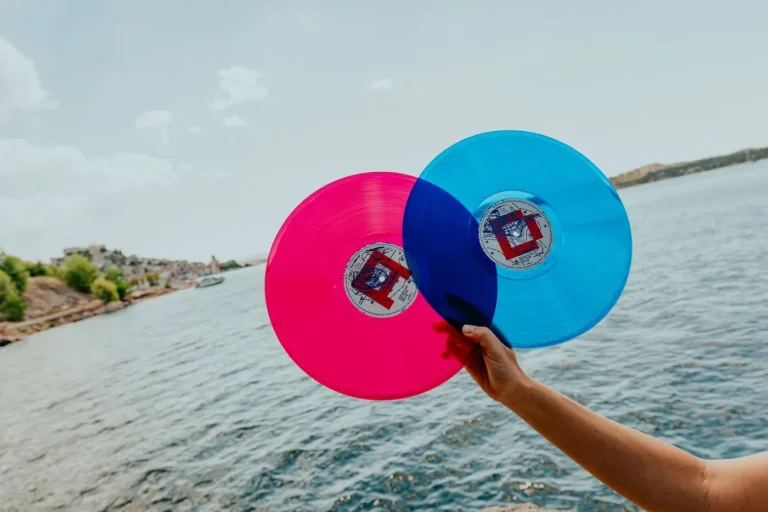 Two colorful frisbees (pink and blue) being held by a hand over a lake or sea with a shoreline in the background.