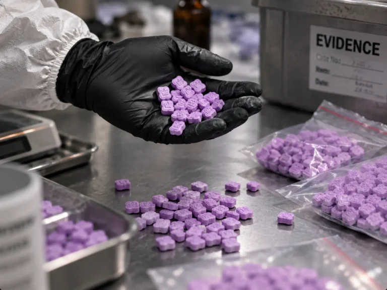 Gloved hand holding numerous small purple tablet pills shaped like crosses on a stainless steel lab table, with bags of pills nearby and an evidence container in the background.