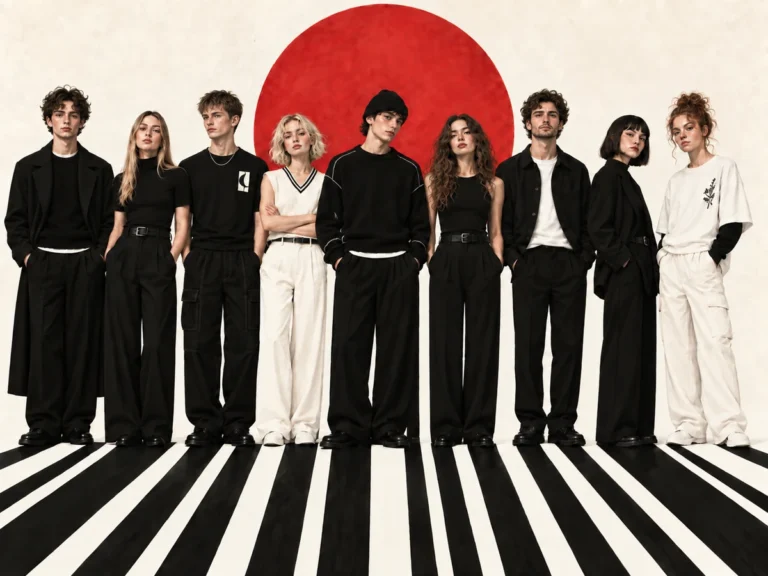 Ten models stand in a line in black-and-white outfits, against a cream background with a large red circle backdrop and striped floor.