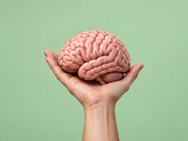 Brain cradled in an open hand against a pale green background, emphasizing care for cognition.