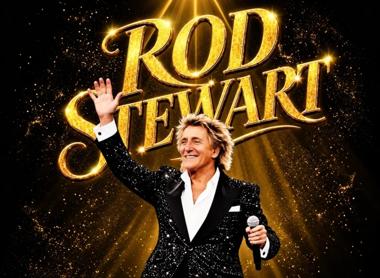 Rod Stewart performing in a glittery black suit, waving with a microphone, against a gold glitter backdrop and large gold 'ROD STEWART' lettering.