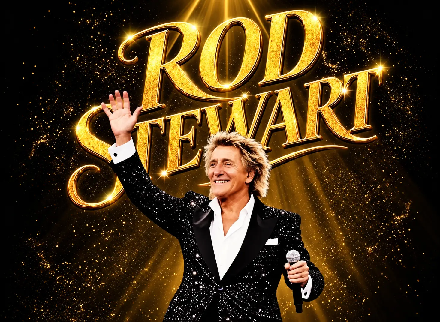 Rod Stewart performing in a glittery black suit, waving with a microphone, against a gold glitter backdrop and large gold 'ROD STEWART' lettering.