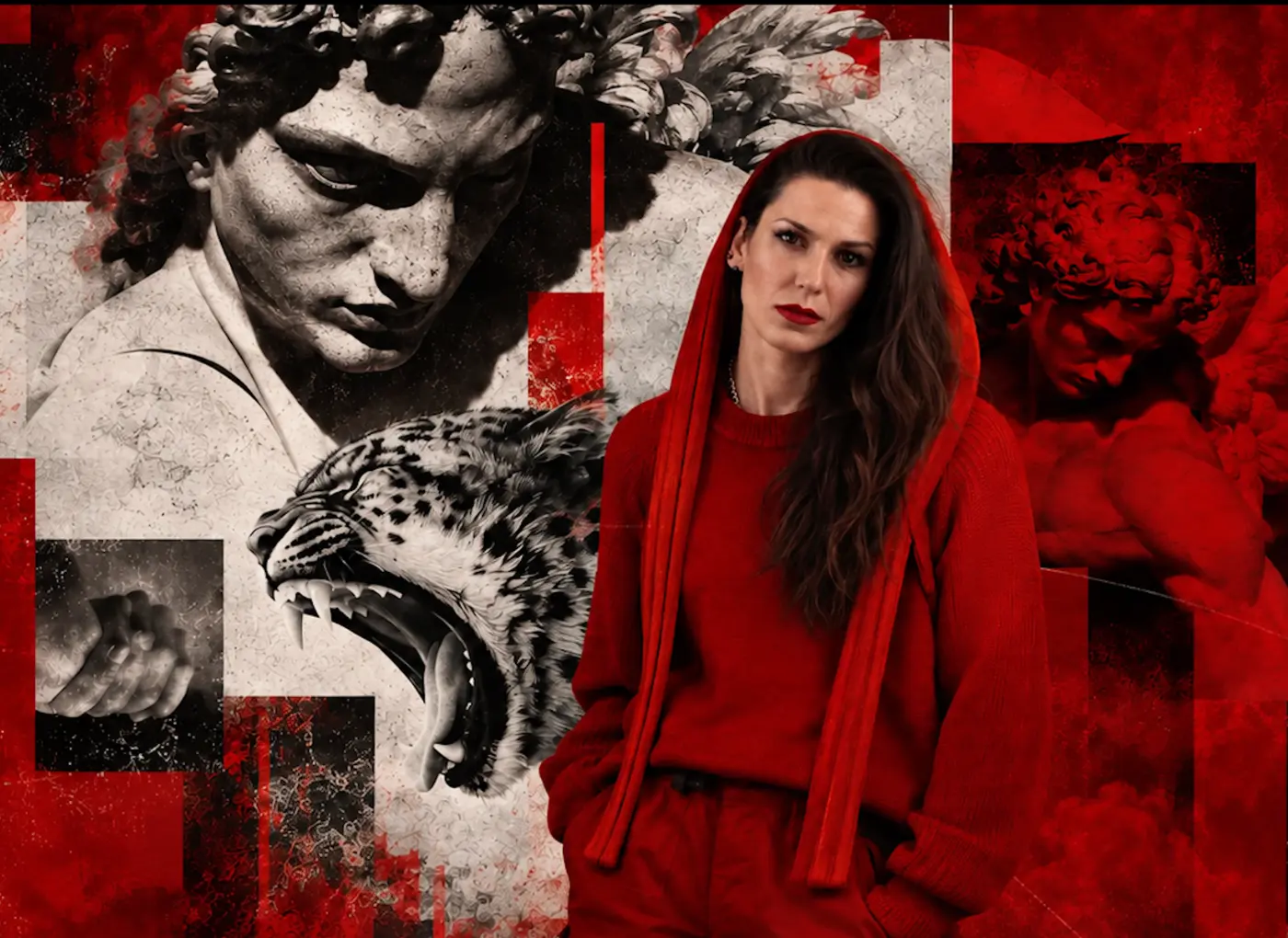 Woman in a red hoodie standing in front of a red-toned collage featuring a roaring leopard and a classical statue bust in the background.