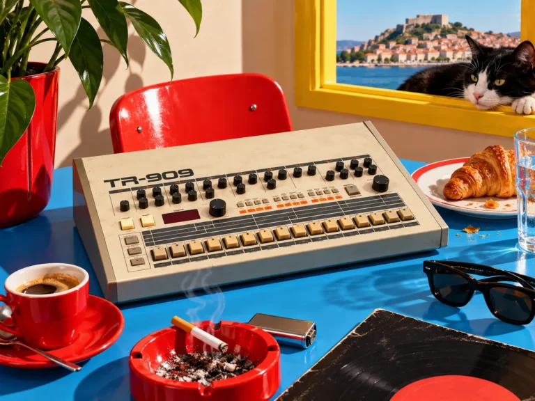 Vintage drum machine (TR-909) on a bright blue table with a red chair, near a red cup of coffee and an ashtray.