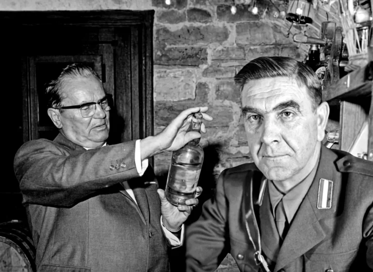 Two men in a bar share a bottle, one in a suit offering water to the other in a military uniform.