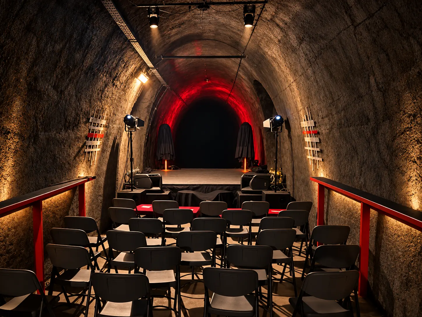 Underground tunnel theater with rows of gray folding chairs facing a small stage; red backlighting on the curved wall.
