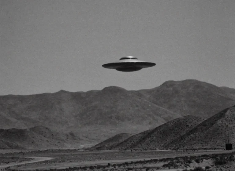Silhouette of a classic flying saucer hovering above desert mountains in a black-and-white scene.