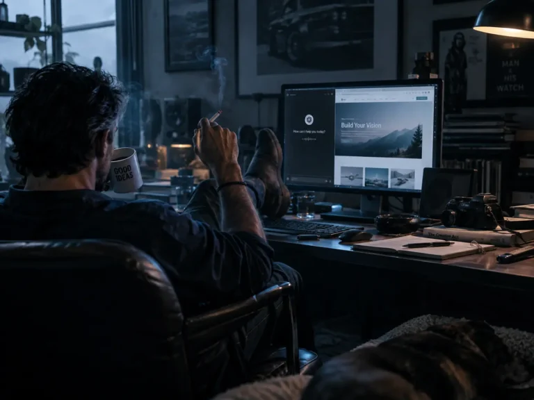 Man lounging in a dim home office with feet up, smoking a cigarette, while the monitor shows a 'Build Your Vision' webpage.