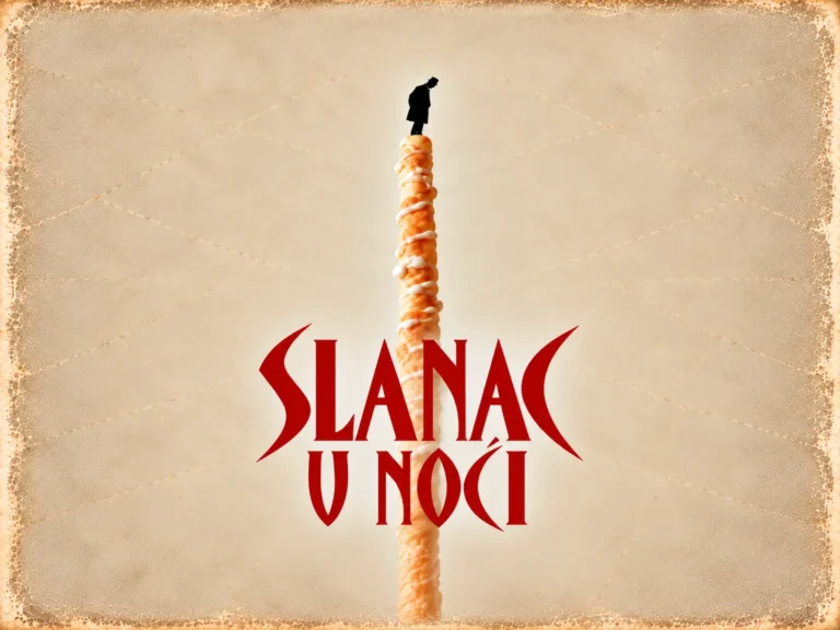 Silhouette of a man in a suit standing atop a tall twisted rope, centered on a beige textured poster with bold red title text underneath.