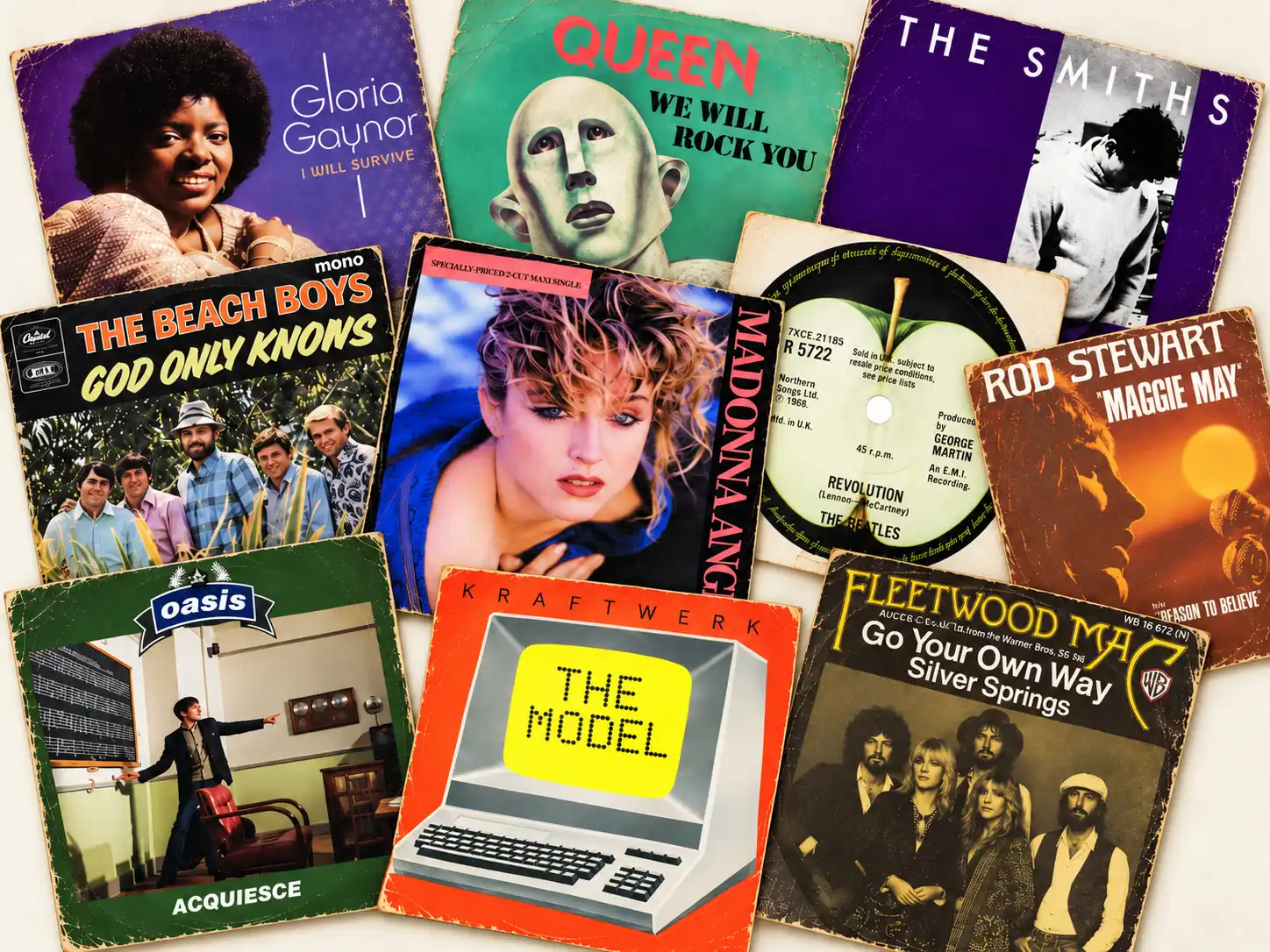 A collage of colorful vintage vinyl album covers scattered together, featuring artists like Queen, Fleetwood Mac, Madonna, Oasis, The Beach Boys, The Smiths, and Gloria Gaynor (no particular order).