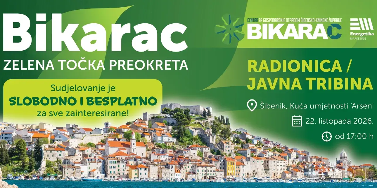 energana-bikarac-ilustracija-sigureca1 Zelena točka preokreta: U Šibeniku tribina i okrugli stol o energani na Bikarcu'Bikarac' title and subtitle, green callout reading 'SUDJELOVANJE JE SLOBODNO I BESPLATNO za sve zainteresirane!', and on the right 'RADIONICA / JAVNA TRIBINA' with location 'Šibenik, Kuća umjetnosti Arsen', date '22. listopada 2026.', time 'od 17:00 h'