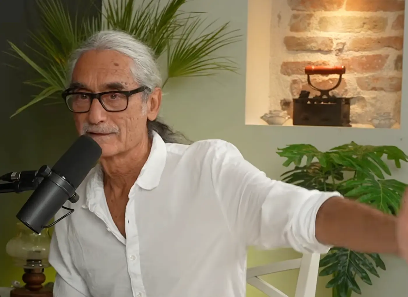 Man with gray hair and glasses speaks into a microphone in a white shirt, in a room with plants and a brick fireplace in the background.