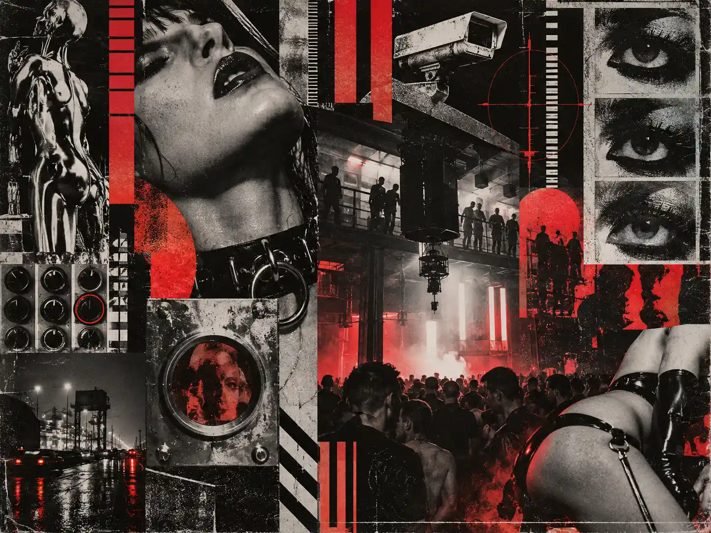Abstract collage of a crowded nightclub scene with red beams, surveillance imagery, and industrial textures conveying a dystopian nightlife mood.
