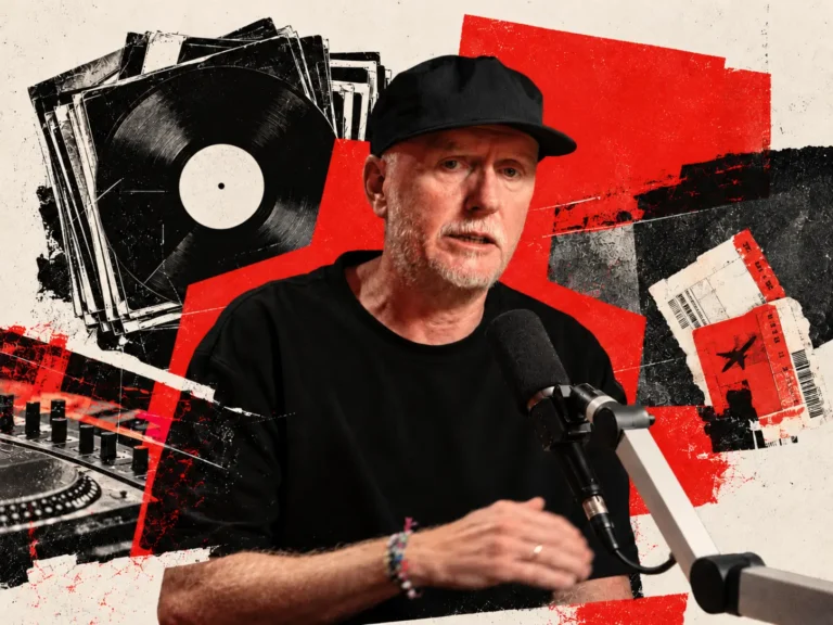Man in a black cap and shirt speaks into a studio microphone, against a bold red-and-black collage background with vinyl records.